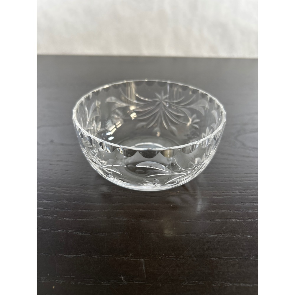Vintage Cut Glass Finger Bowl Floral Etched Scalloped Rim Crystal Dish 4.25"